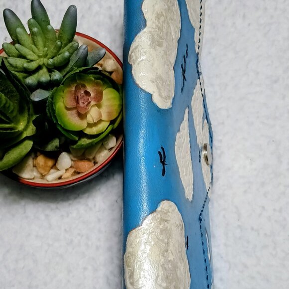 Hand Painted "Clouds&Birds In The Sky" Long Wallet Blue/White/Black - Picture 9 of 12